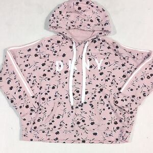 DKNY Blush Black Floral Hoodie NWOT Stripe Down Sleeve Front Pocket Small